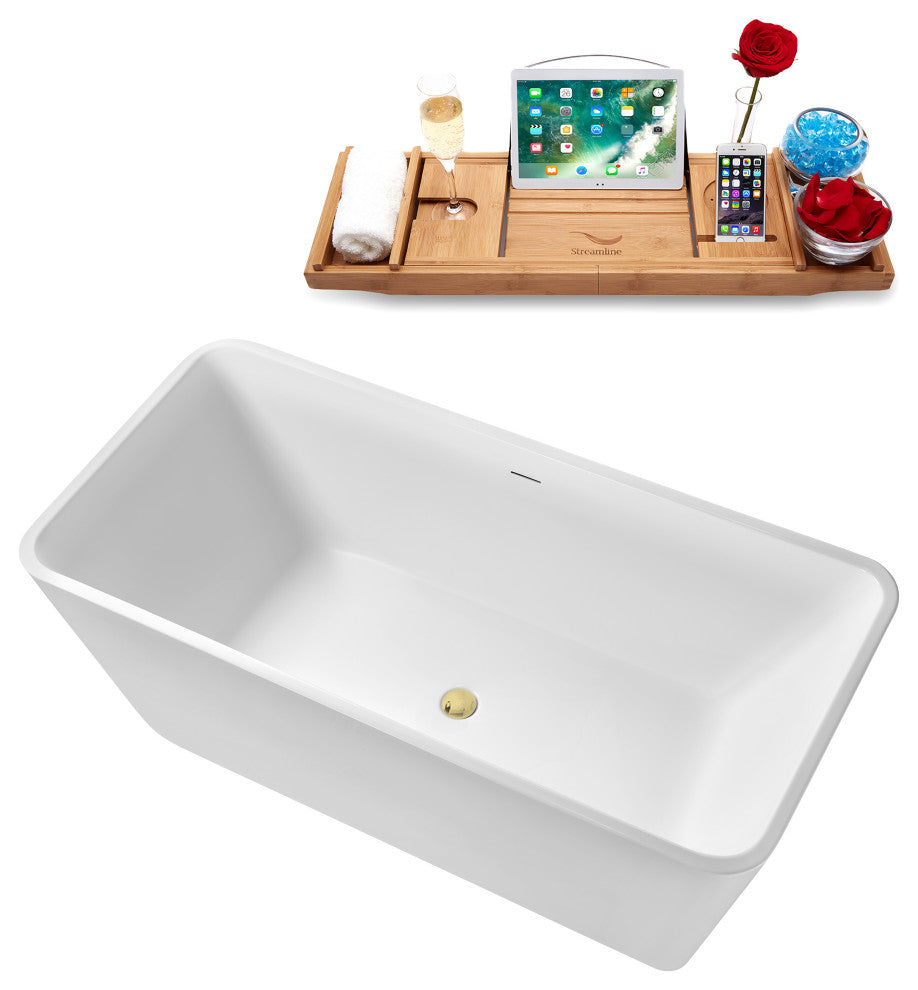 63" Streamline G-28-157-PBR Freestanding Bathtub, Tray, Drain, Polished Brass