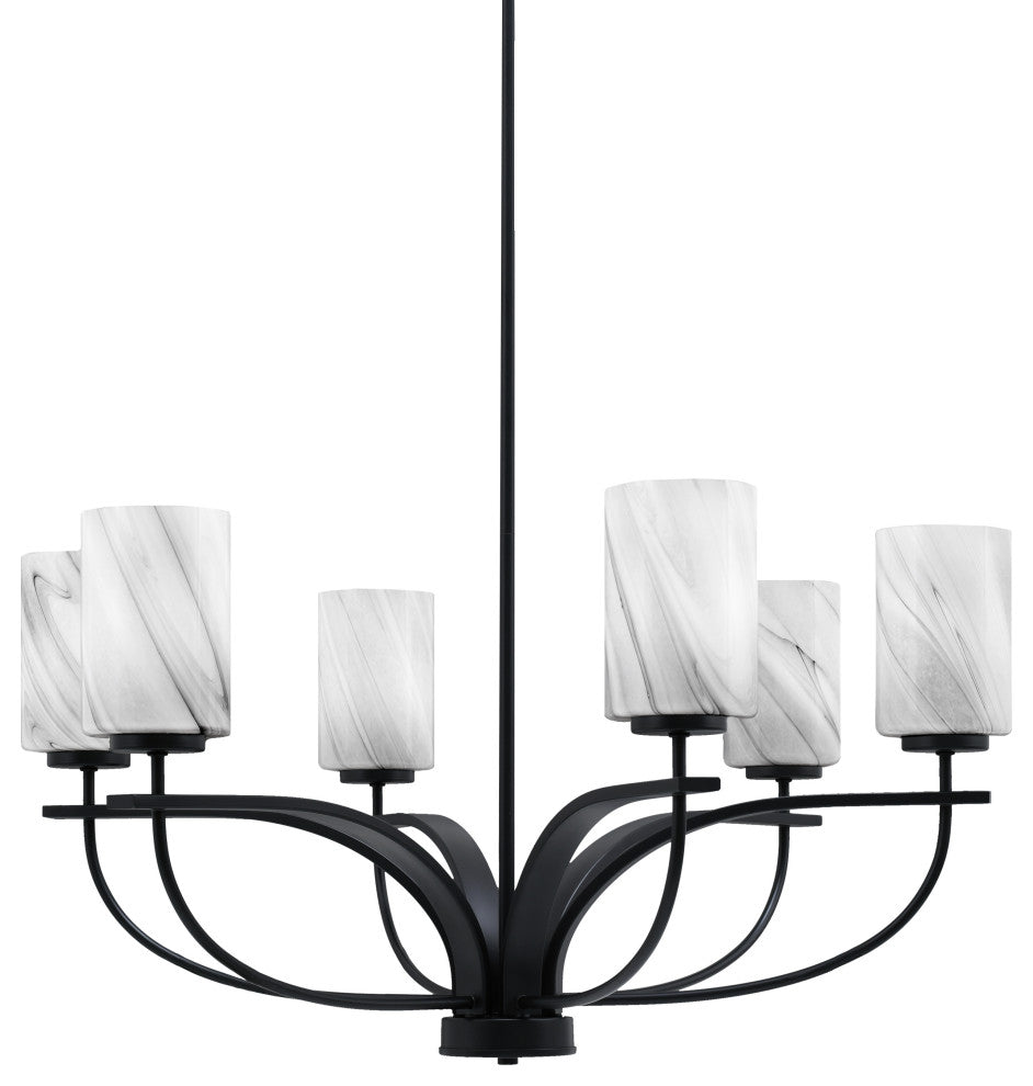 Cavella 6 Light Chandelier, Matte Black Finish, 4" Onyx Swirl Glass