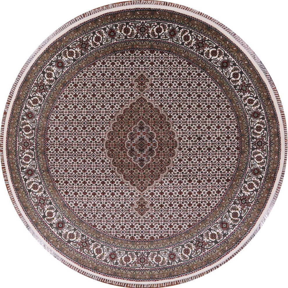 7' Round Persian Tabriz Wool and Silk Hand Knotted Rug Q6043