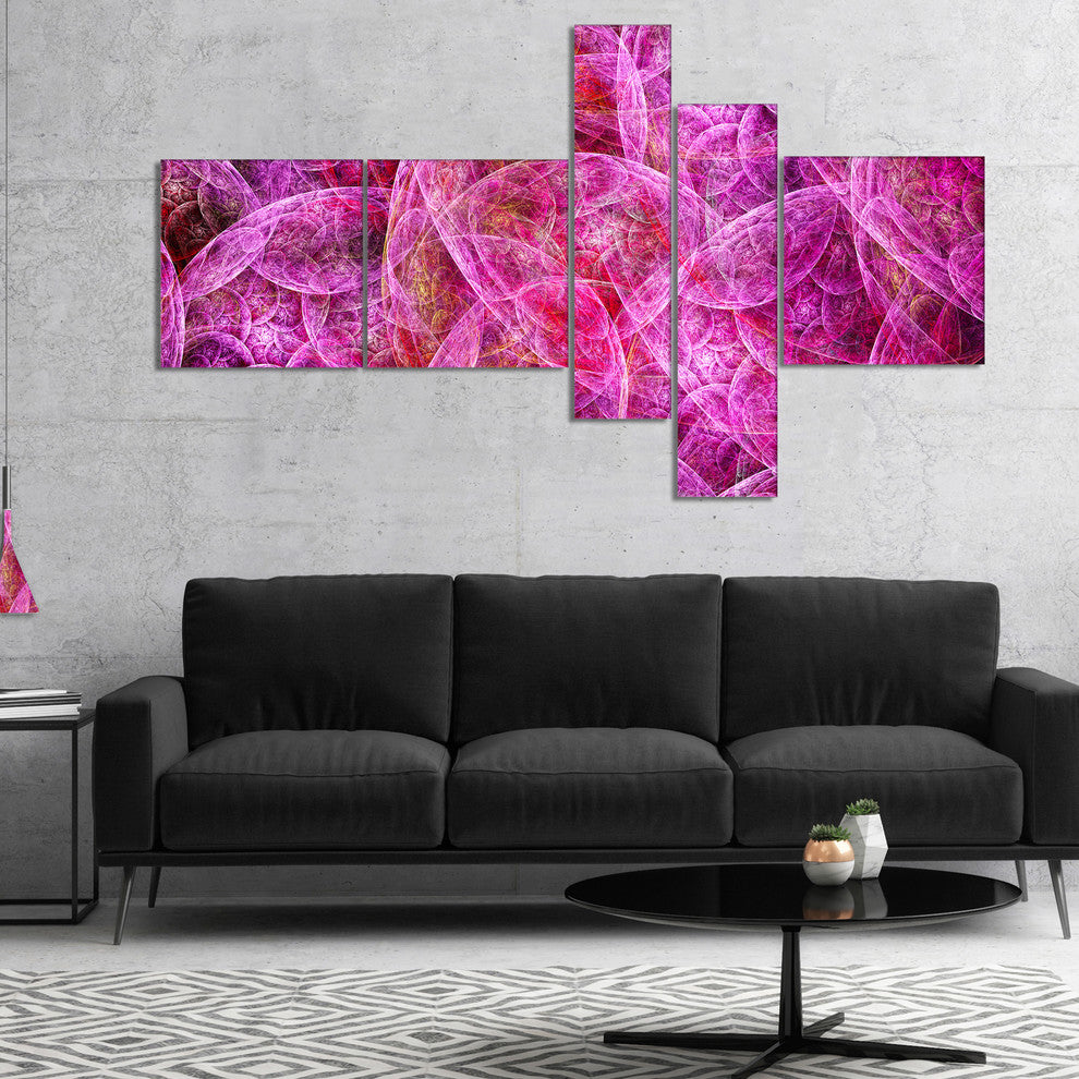 Pink Fractal Dramatic Clouds, Abstract Canvas Wall Art, 60"x32", 5 panels
