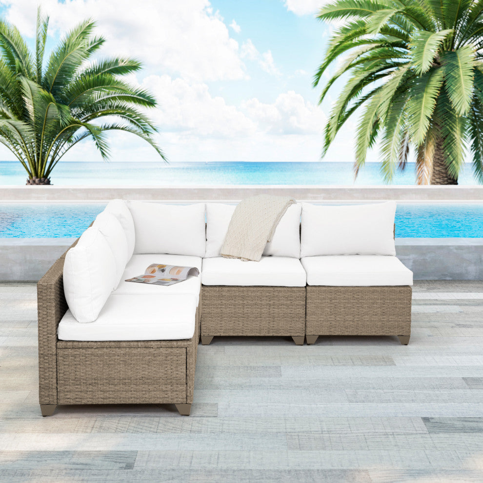 Maui 5-Piece Outdoor Modular Conversation Set, Natural Aged Wicker, Linen White