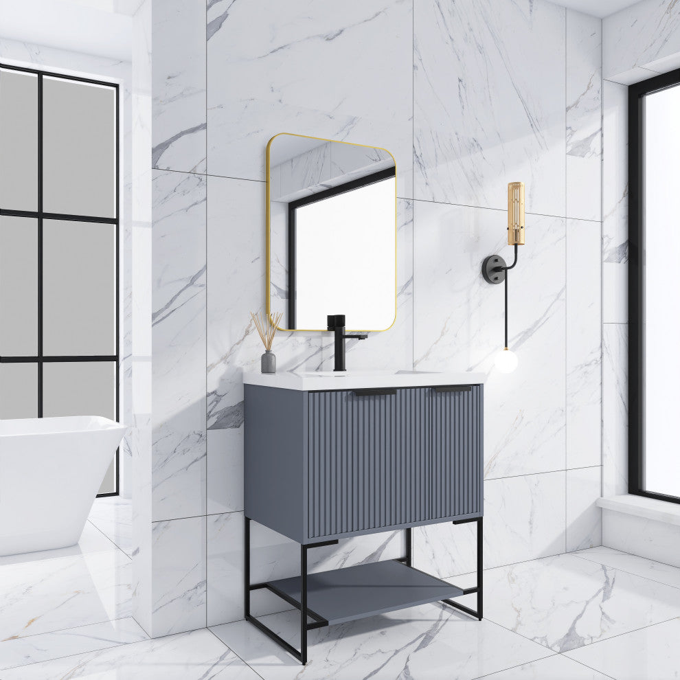 Plywood Freestanding Bathroom Vanity Set with White Ceramic Sink , Rock Grey, 30