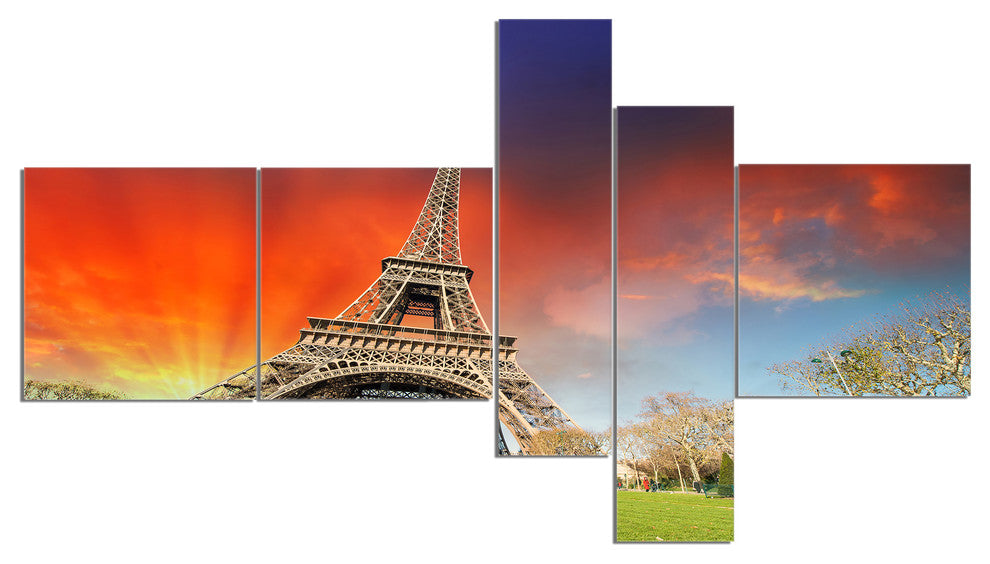 Paris Eiffel TowerUnder Colorful Sky, Landscape Canvas Print, 60"x32", 5 panels
