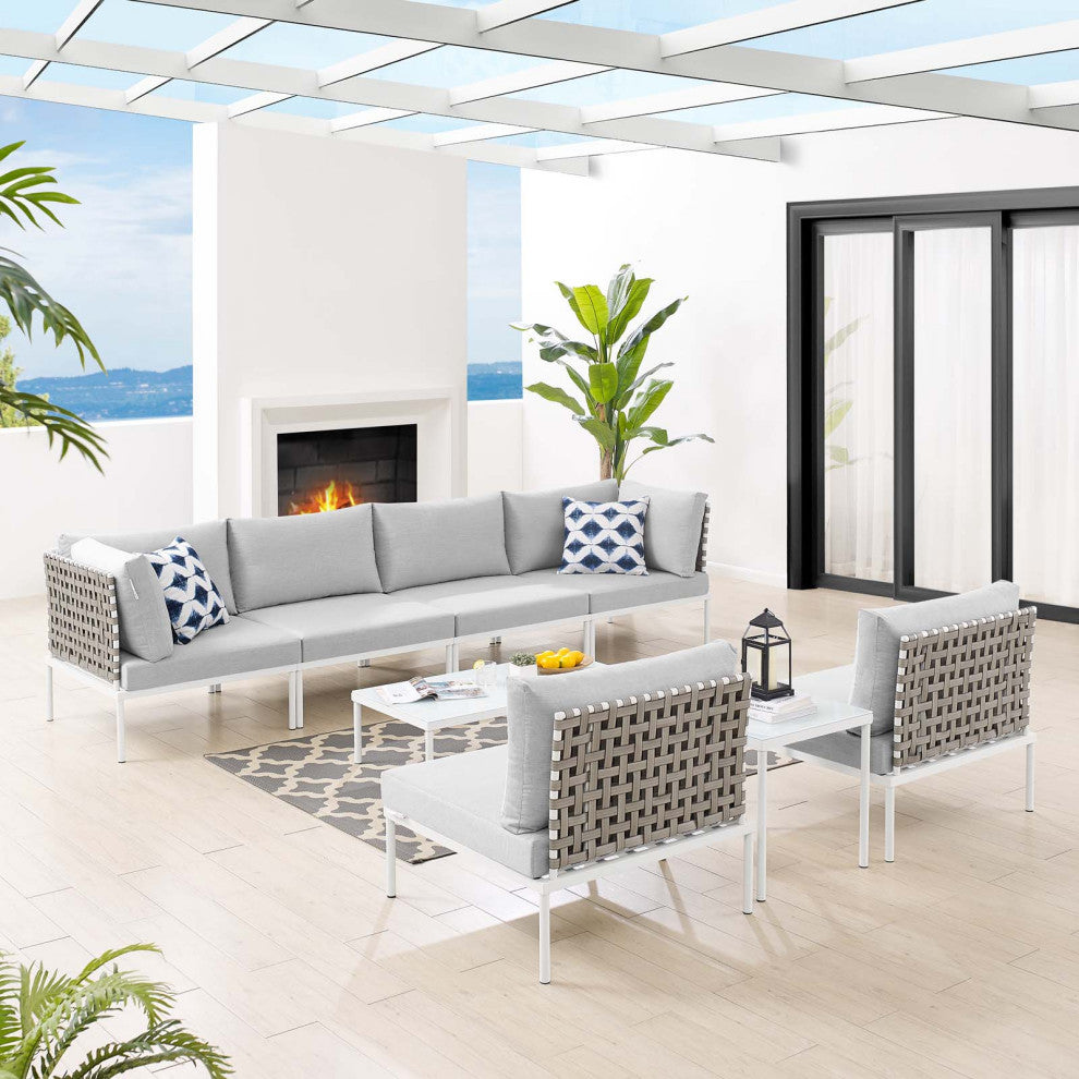 Lounge Sectional Sofa Chair Table Set, Sunbrella, Aluminum, Gray, Outdoor