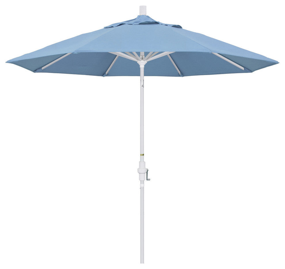 9' Matted White Collar Tilt Crank Lift Aluminum Umbrella, Sunbrella, Air Blue