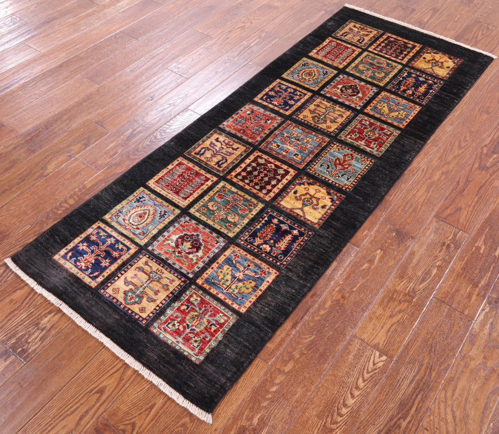 2' 6" X 6' 5" Runner Persian Garden Design Black Hand-Knotted Rug Q10687