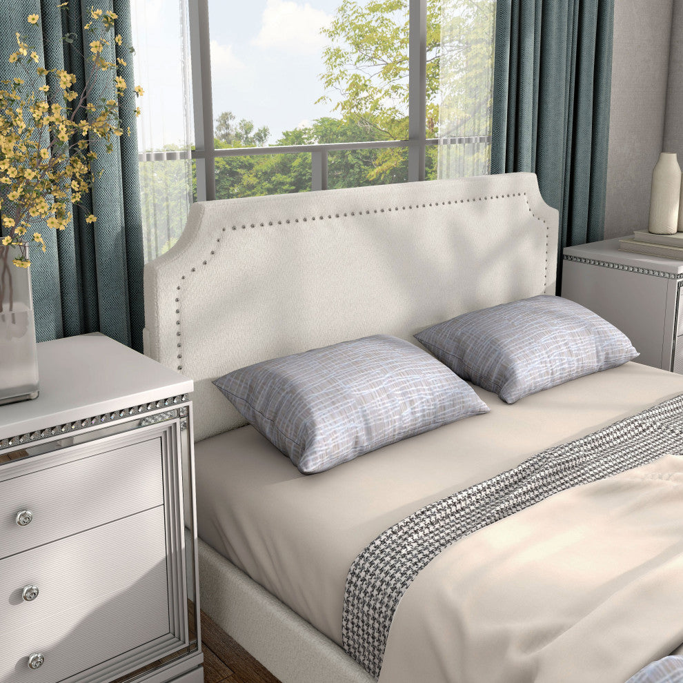 Miles White Boucle Upholstered Wood Frame Platform Bed, Queen, Naihead Trim
