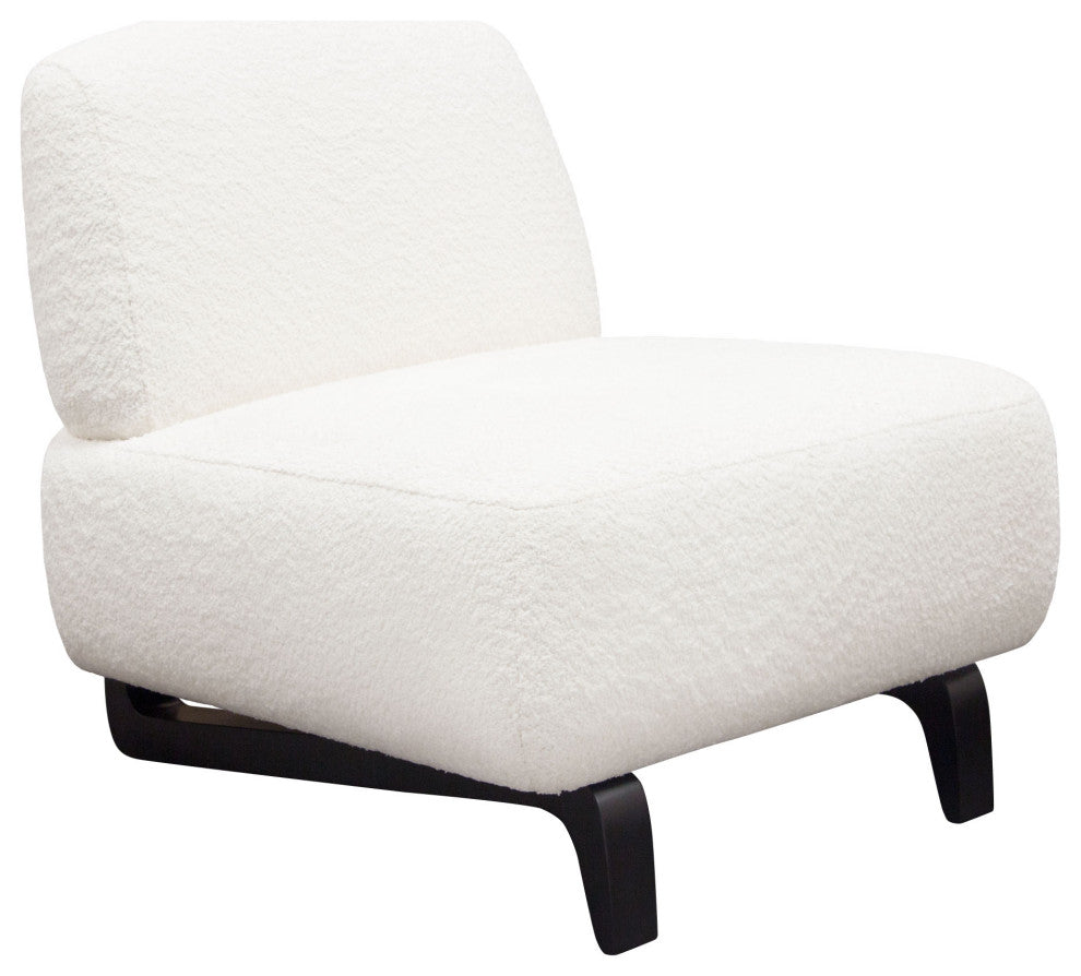 Vesper Armless Chair, Faux White Shearling With Black, Wood Leg Base
