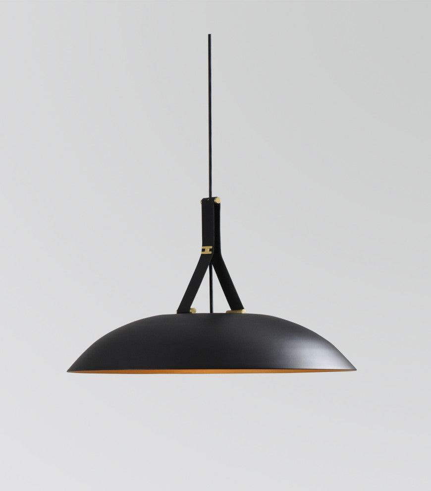 Volo LED Pendant, Noir, Brushed Brass/ Black Leather/Dark Stained Walnut, 3000K
