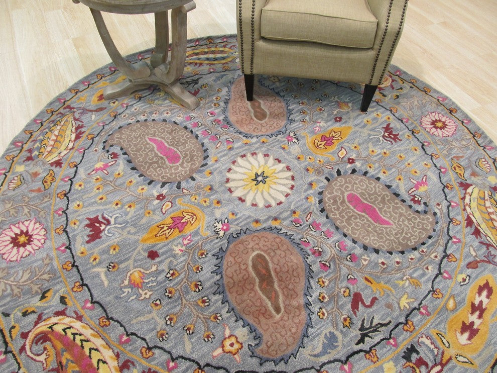 EORC Hand-tufted Wool Blue Transitional Floral Paisley Rug, Round 6''