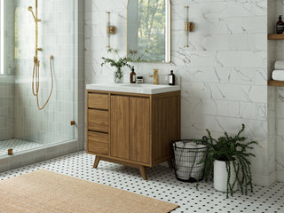 Madison Teak 36 Right Offset Bath Vanity in Dark Natural 2" Calacatta Nuvo