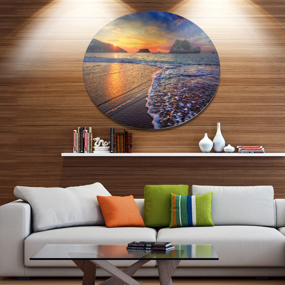 Sandy Beach With Rush Waves, Seashore Art Round Metal Wall Art, 23"