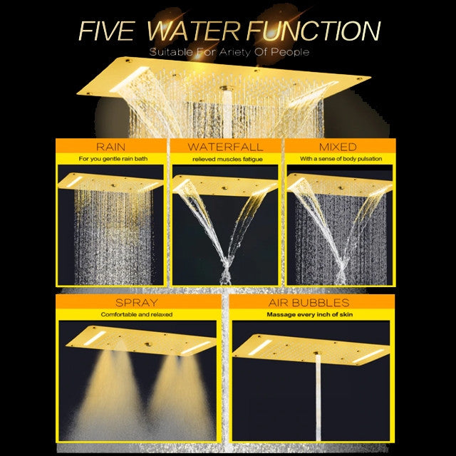 Led Mist Rainfall Shower System, Hand Shower and Jetted Body Sprays, Brushed Gol