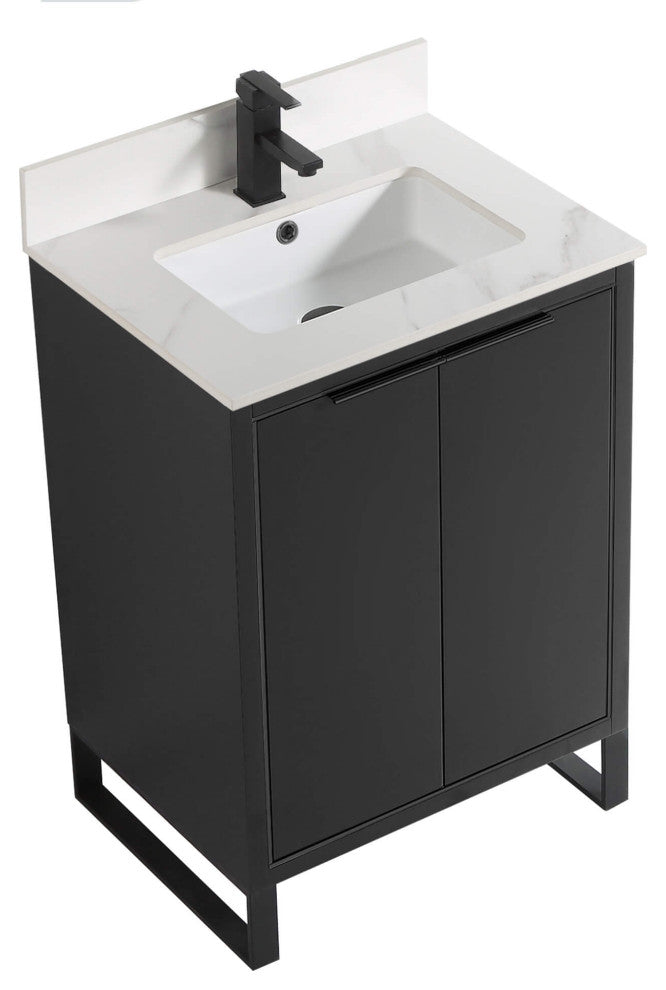 Opulence Bath Vanity, Black Matte, 24", Black Hardware, White Carrara Top