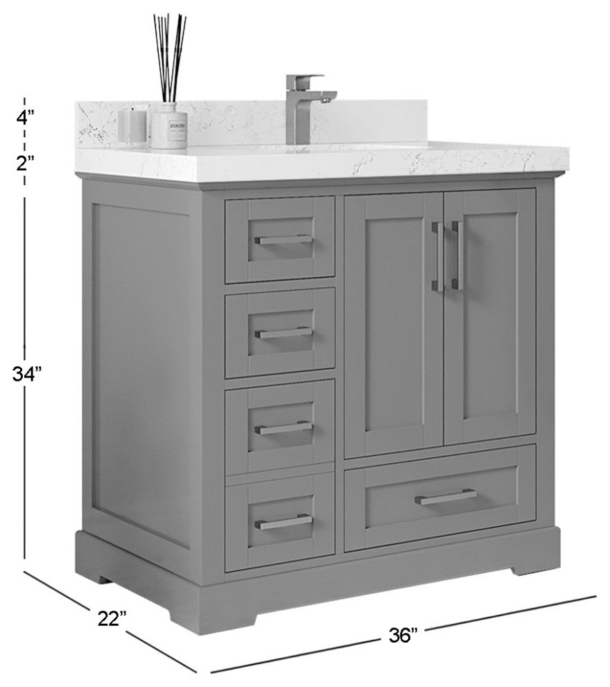 Boston 36" Right Offset Bath Vanity in Fine Grain 2" Piatra Gray