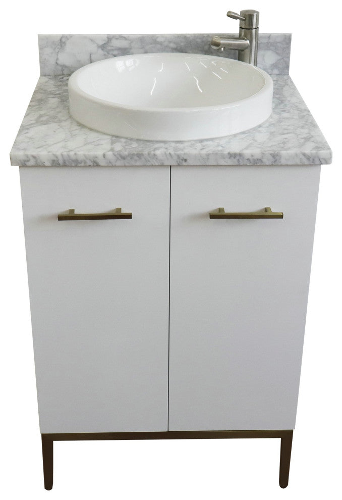 25" Single Sink Vanity, White Finish With White Carrara Marble And Round Sink