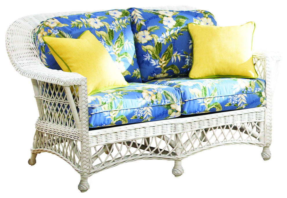 Bar Harbor Love Seat, White, Callista-Stripe-Delft Fabric