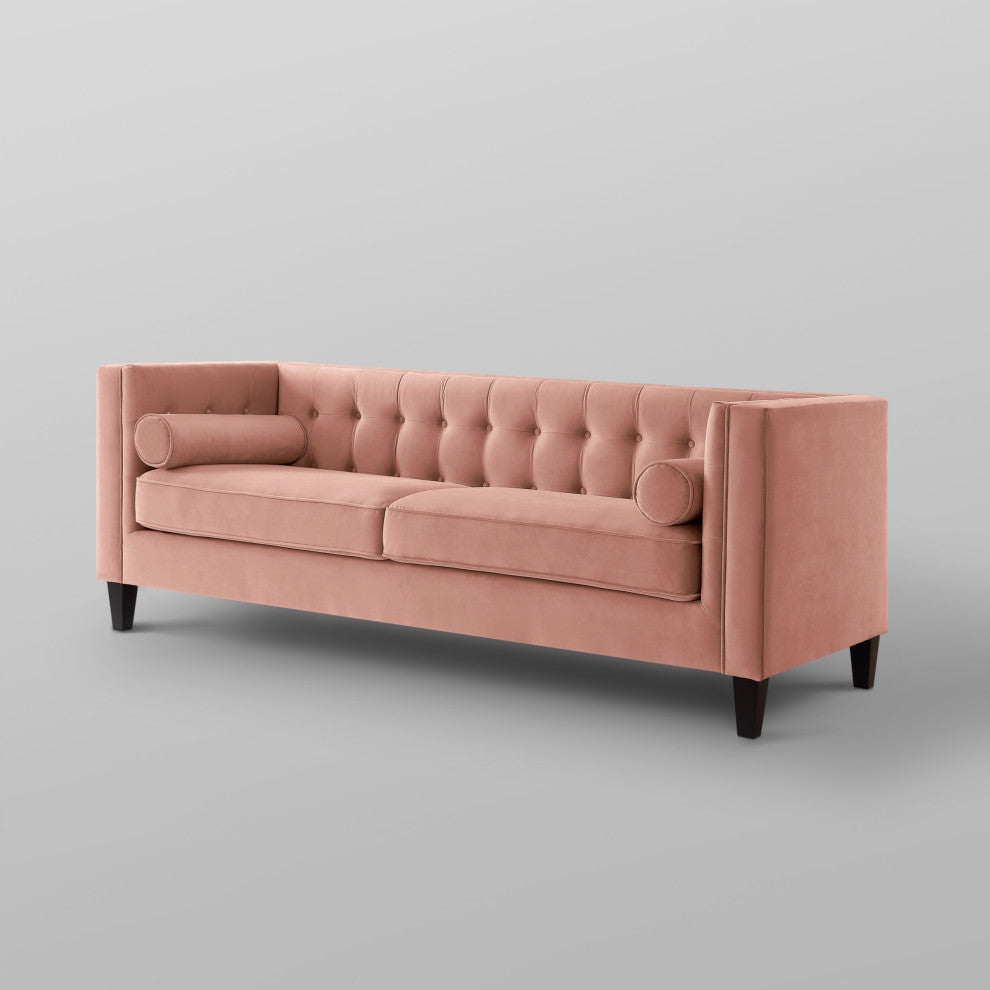 Branwen Velvet Button Tufted Sofa, Square Arms Tapered Leg, Blush