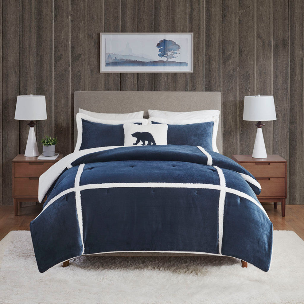 Woolrich Orlen Winter Cabin Plush to Sherpa Comforter Set, Navy Blue