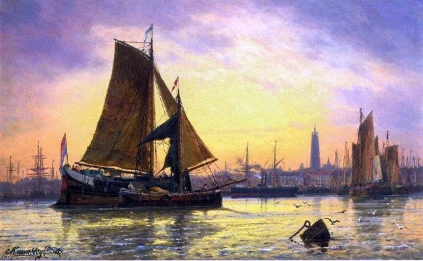 Charles Euphraisie Kuwasseg Barges Docking at a Harbour- Antwerp Wrapped Canvas