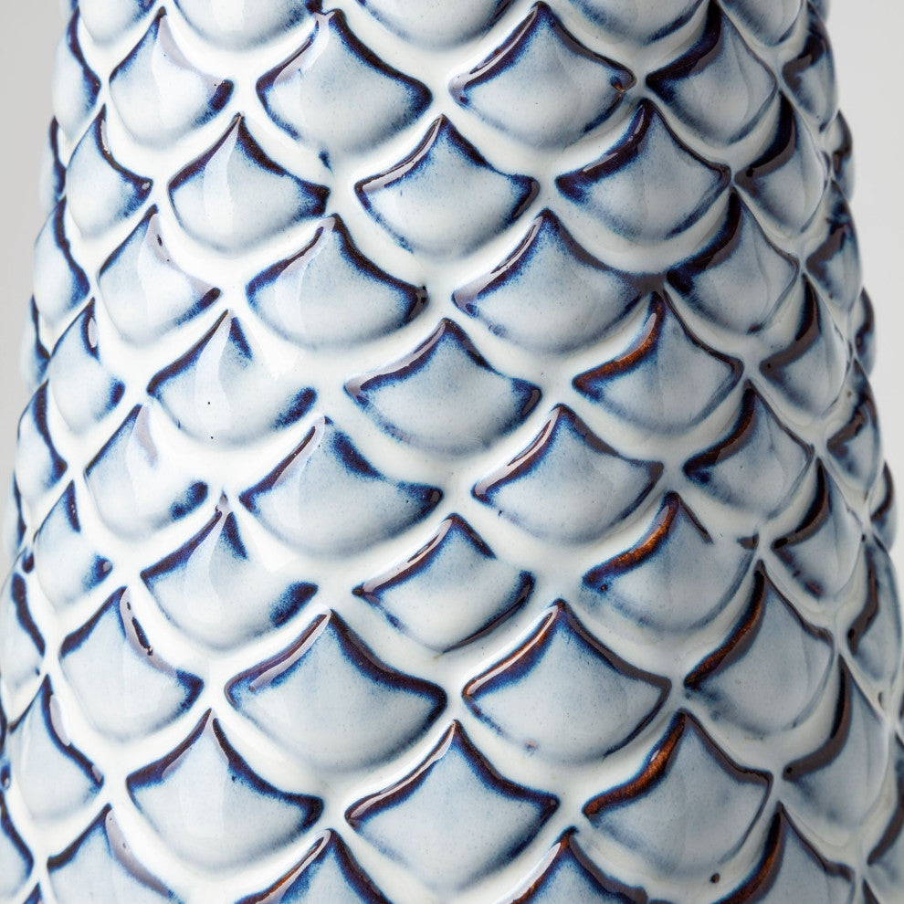 16" Aqua Blue Glaze Fishscale Pattern Ceramic Vase