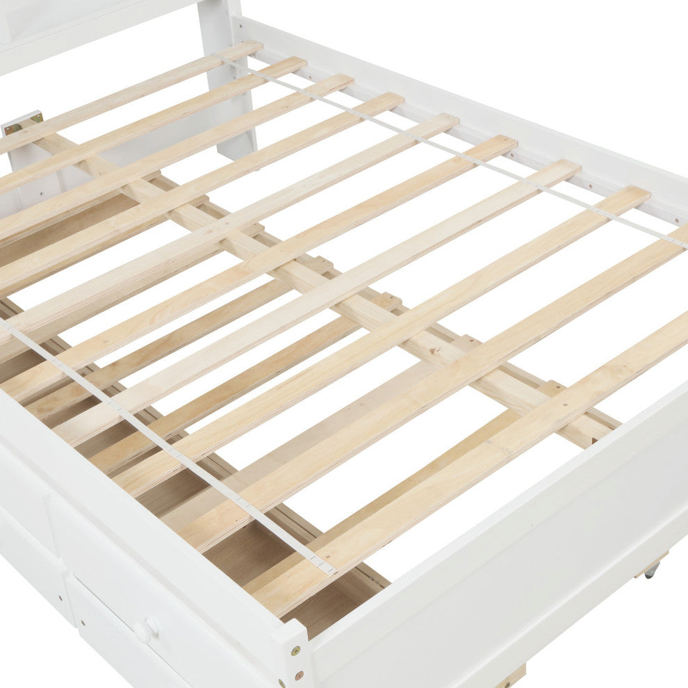 Full/Twin Wood Frame Platform Bed with Trundle and Drawers, White, Full