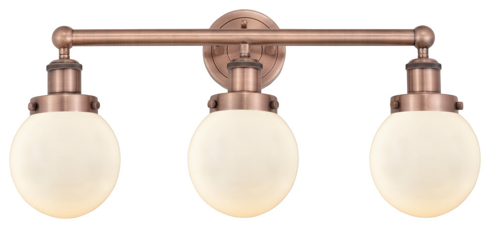 Small Edison Beacon 3-Light 25" Vanity Light, Antique Copper, Matte White Shade