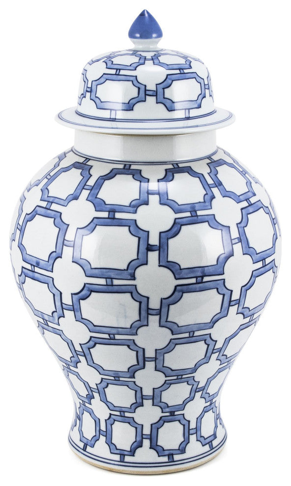 Blue And White Octagonal Window Temple Jar