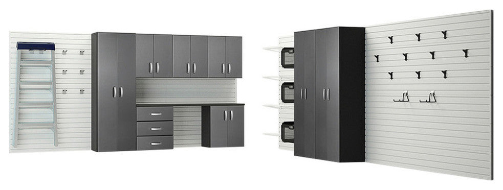 9 Piece Deluxe Cabinet Set Garage Organization System, White and Silver