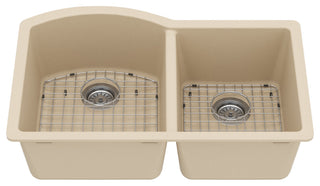 Karran Undermount Quartz 32" 60/40 Double Bowl Kitchen Sink Kit, Bisque