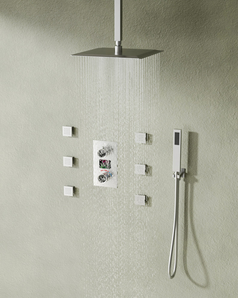 Digital Shower System 12" Rainfall Shower Head With 6 Body Jets, Brushed Nickel