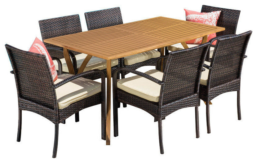 GDF Studio 7-Piece Zakynthos Wicker and Wood Dining Set