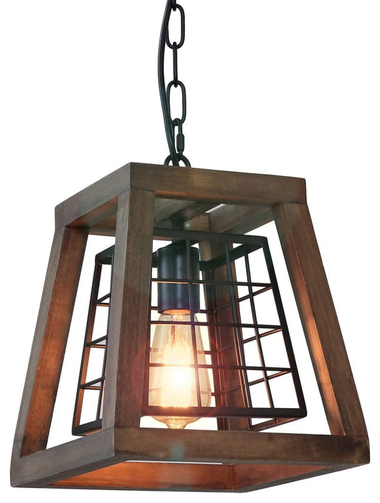 Antique Wood Pendant Lamp Farmhouse Cage Vintage Light