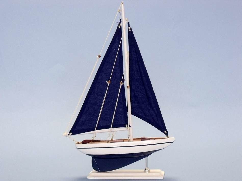 Pacific Sailer, Wood Sailing Boat Model, Blue Sails, 17", Blue