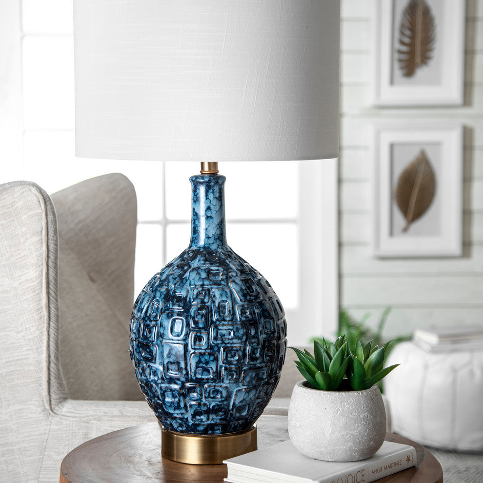 Nuloom 28" Tegular Ceramic Flask Linen Shade Blue, 3-Way Switch Table Lamp