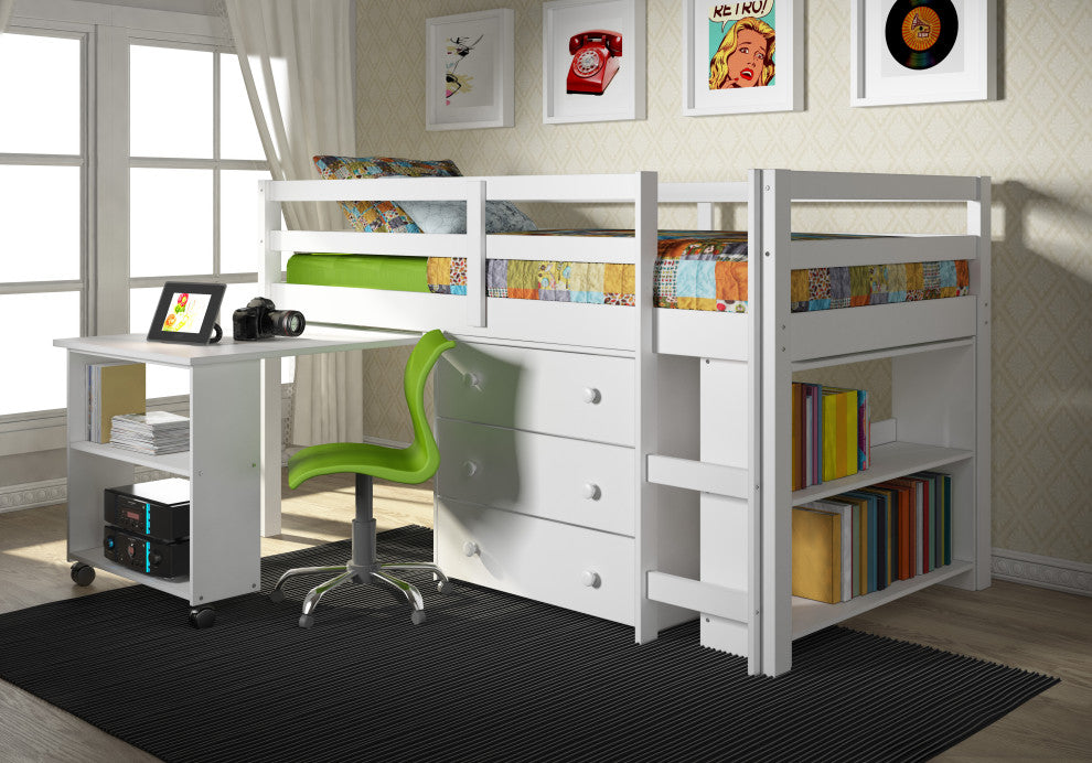 Donco Kids Studying Student Low-Loft Bed, White, Twin