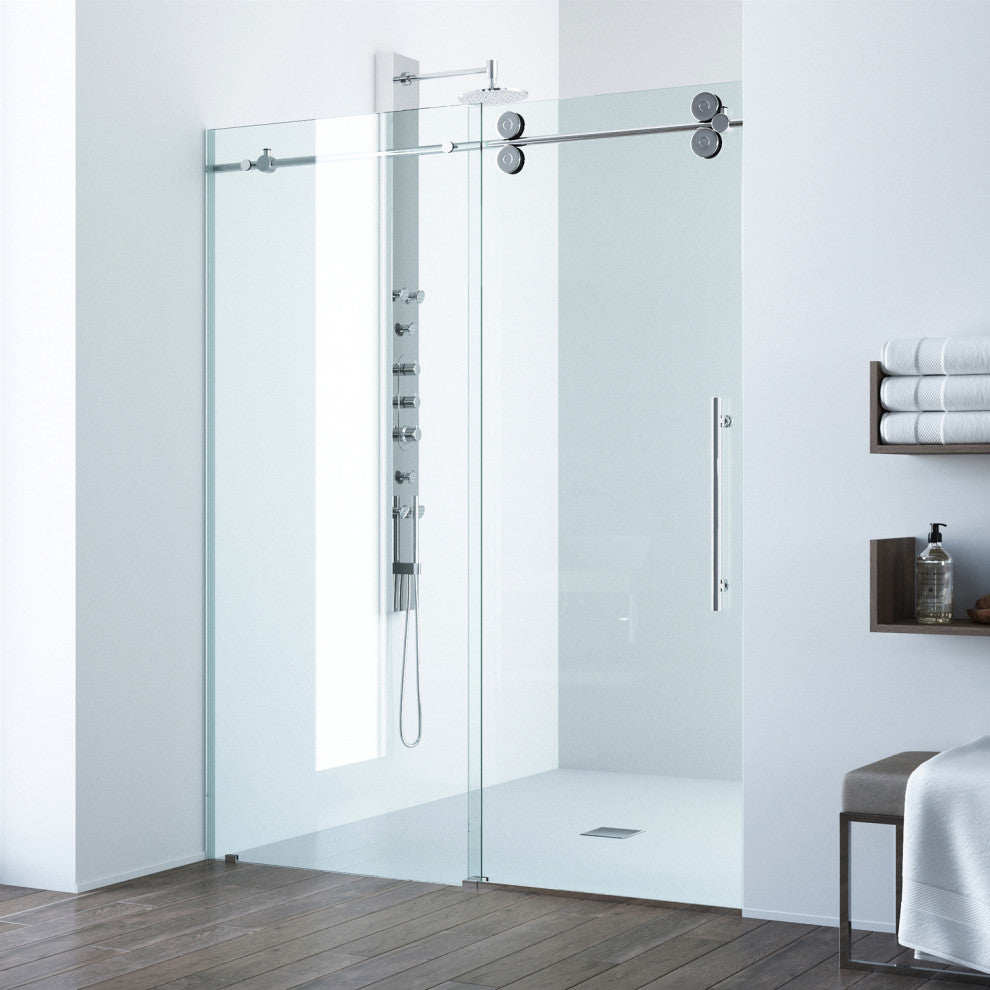 VIGO Elan 56" to 60" W x 74" H Frameless Sliding Shower Door, Chrome, Clear Glass