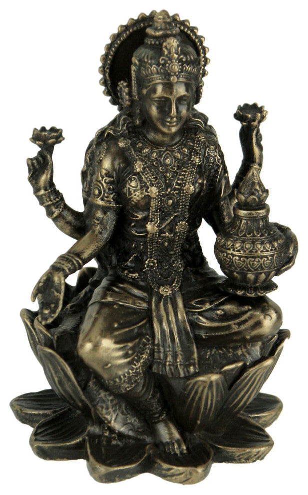 Bronze Finish Lakshmi Hindu Goddess On Lotus Figurine