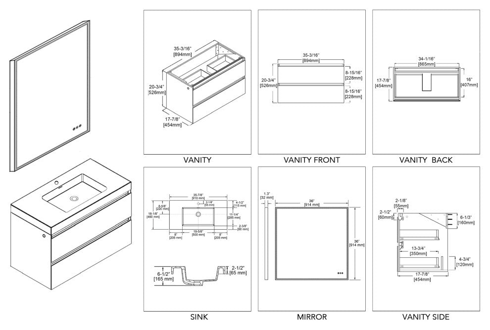 Blossom Jena Vanity Set, Calacatta White, 36", Mirror