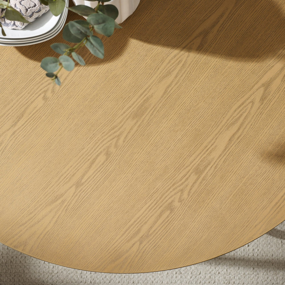 Modern Dining Table, Crossed Black Metal Base & Round English Oak Finished Top