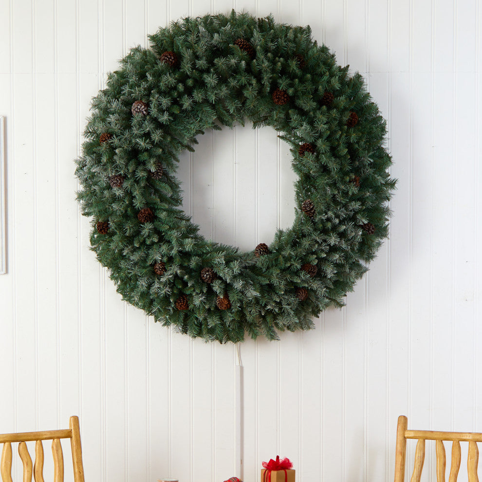 5' Giant Flocked Faux Xmas Wreath W/ Pinecones, Clear Lights & Bendable Branches