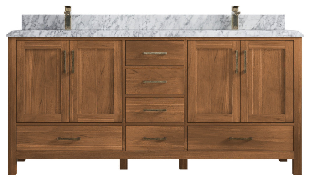 Malibu Teak 72 Double Sink Bath Vanity in Golden Teak 2" Carrara Marble