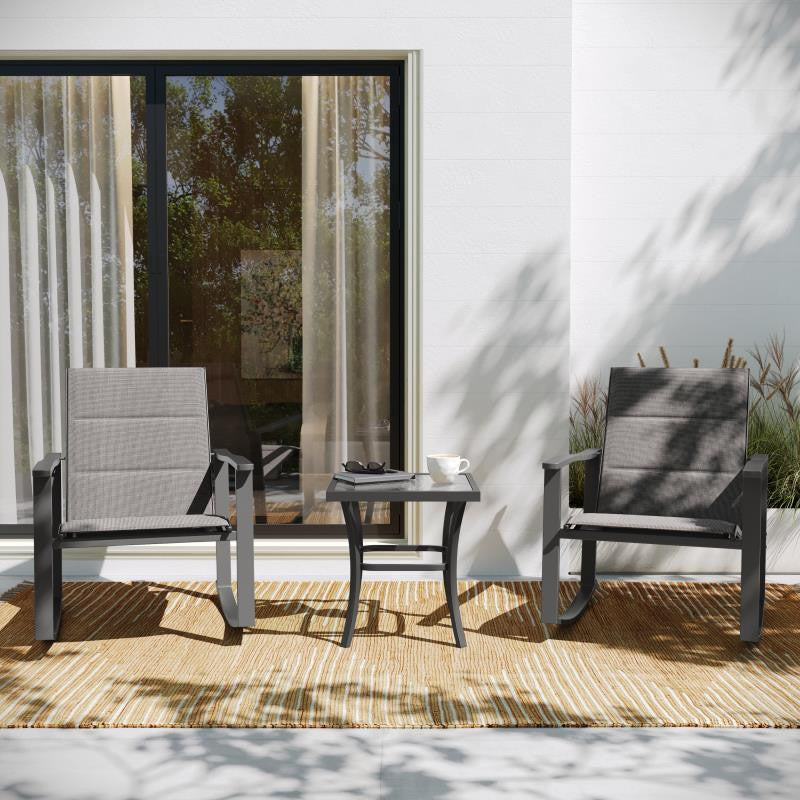 Brazos 3 Piece Outdoor Rocking Chair & Glass Top Table Set, Gray/Black
