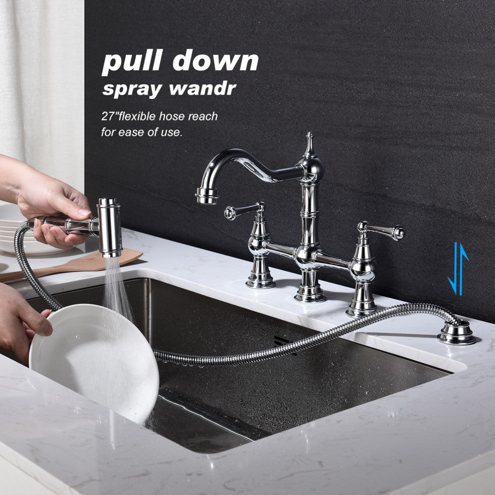Wellfor Dual Handles Kitchen Sink Faucet With Pull-Out Side Spray