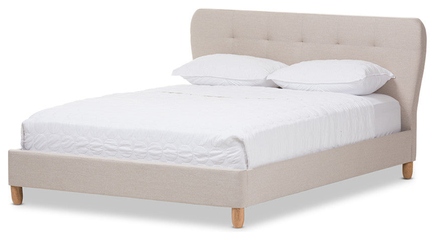 Laureo Mid-Century Light Beige Fabric Upholstered Full Size Platform Bed