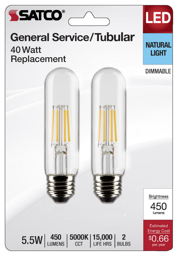 5.5W T10 LED, Clear, Medium Base, 5000K, 450 Lumens, 120V, 2-Pack