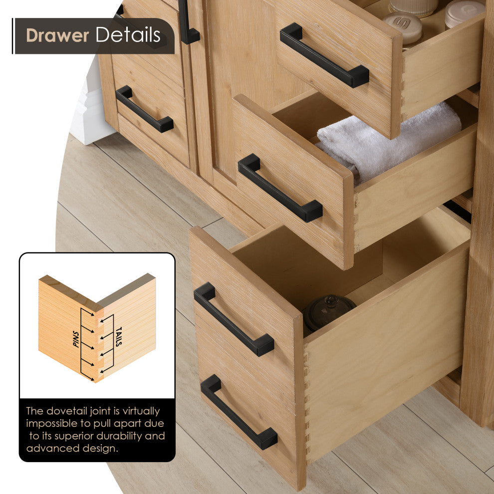 Gavino Vanity with Grain White Composite Stone Top, Light Brown/Matte Black, 84", No Mirror