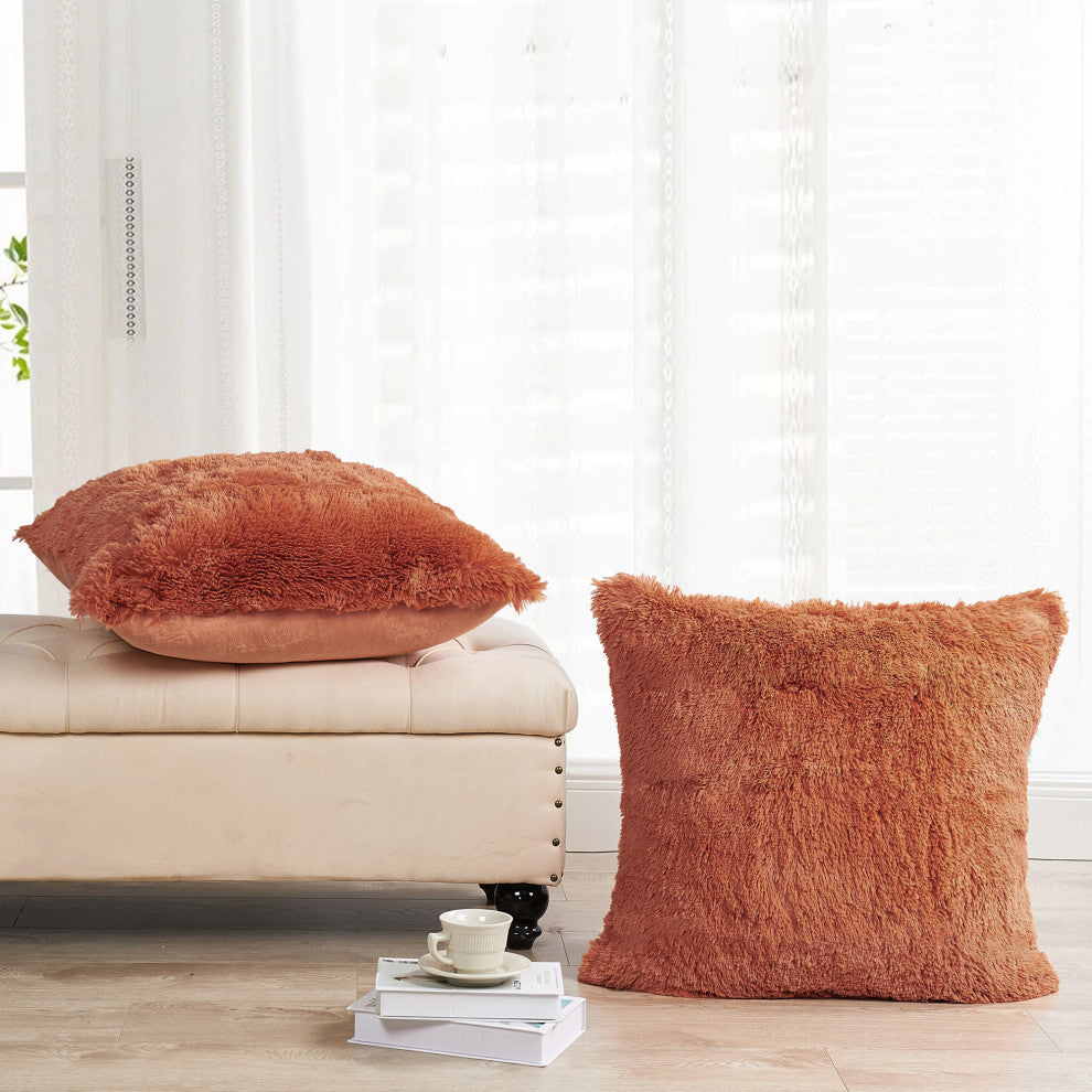 Shaggy Faux Fur Pillow Cover, Burnt Orange, Set of 2, 26"x26"