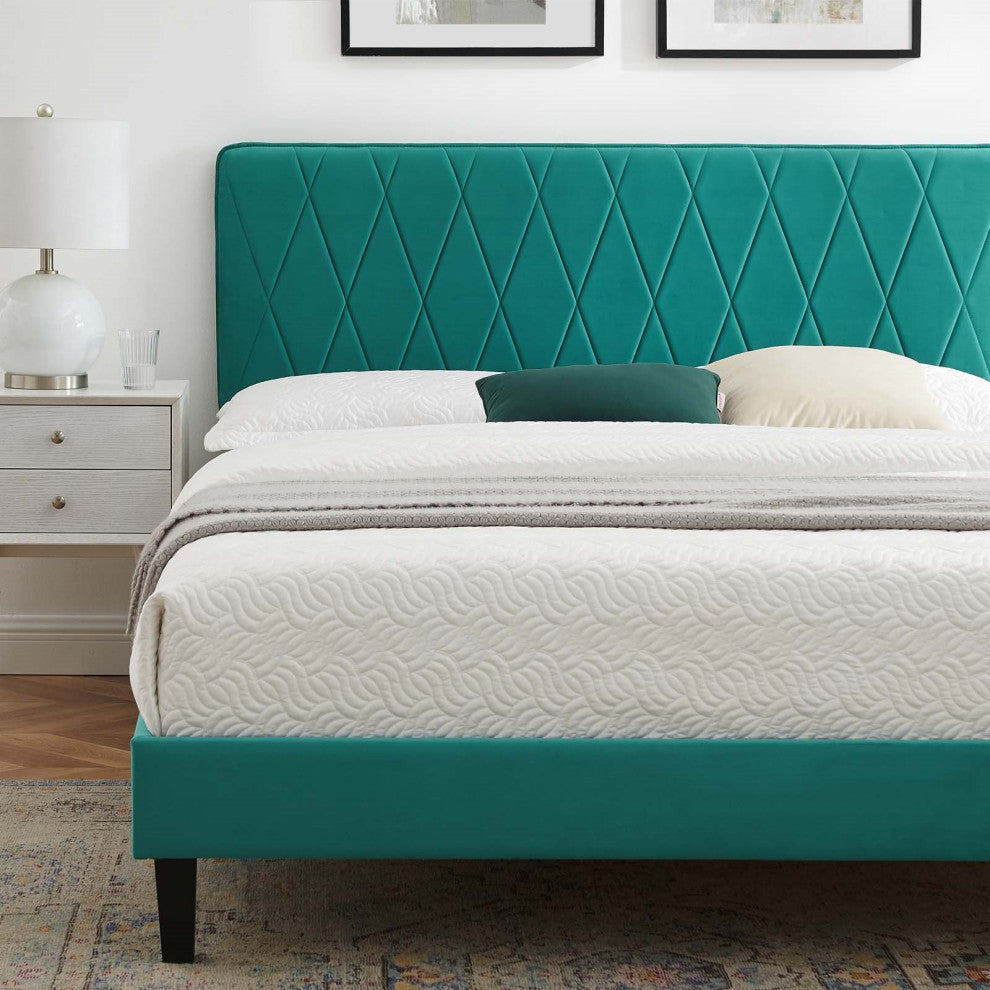 Platform Bed Frame, King Size, Velvet, Teal Blue, Modern Contemporary, Bedroom