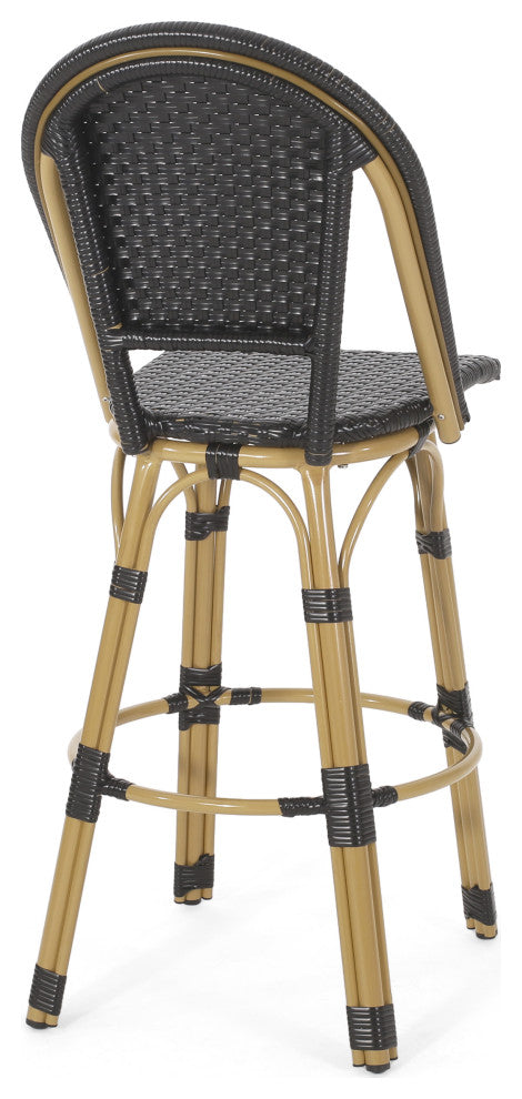 Cotterell Outdoor French Wicker and Aluminum 29.5" Barstools, Set of 2, Black/Bamboo Finish